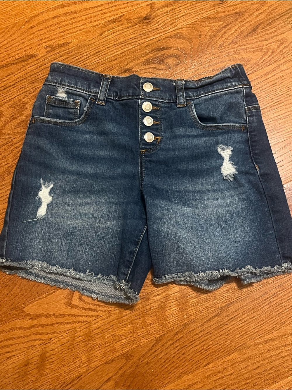 High-Rise Dark Blue Distressed Denim Shorts
